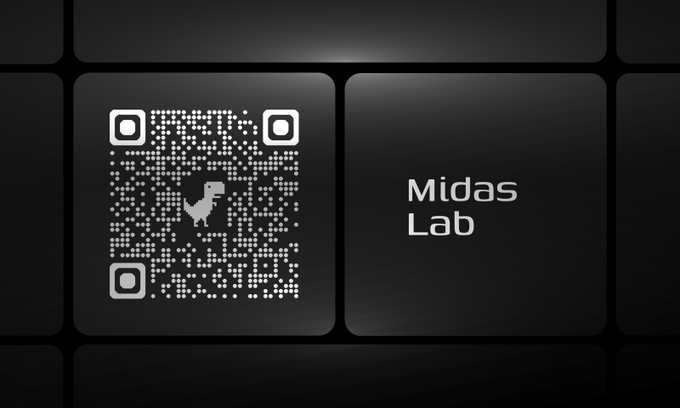 A sleek dark-themed digital display features a scannable QR code on the left panel alongside the text "Midas Lab" on the right panel, serving as an entry point into the Midas ecosystem as promoted in the accompanying post inviting users to "step into #Midas."