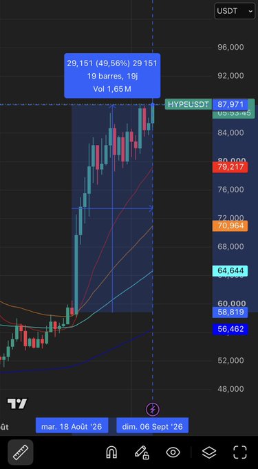 A candlestick chart on TradingView shows HYPEUSDT reaching approximately $87,971 with an indicator reading '29,151 (49.56%)' and '19 barres, 19j', displayed in French ('mar.' and 'dim.' for Tuesday and Sunday).