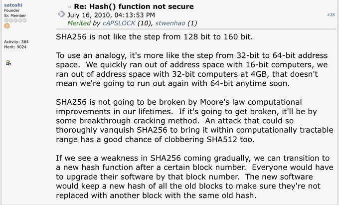 A screenshot of a BitcoinTalk forum post by Satoshi titled "Re: Hash() function not secure" dated July 16, 2010, where Satoshi discusses SHA256 security and potential upgrade paths to stronger hash functions—context for the claim that "2 years later @ripple made XRP a better Bitcoin."