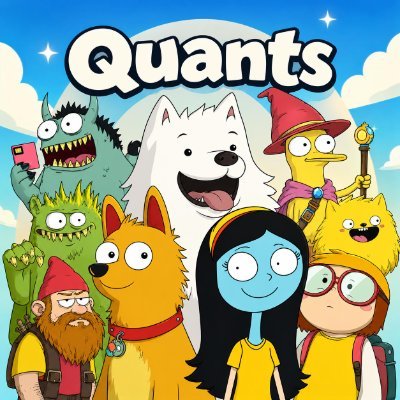 A colorful cartoon-style poster titled 'Quants' featuring an ensemble cast of characters including a white dog, a girl with black hair, a wizard, a gnome, and various quirky creatures.