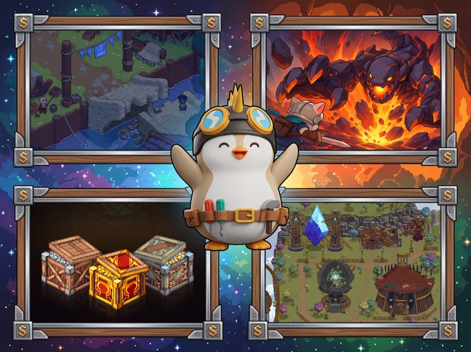 A pixel art illustration featuring a central penguin-like character with goggles and a tool belt, surrounded by four framed scenes showing isometric game environments including ruins, a lava monster, treasure chests, and a base camp.