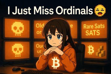 The image features an anime character, possibly a girl or a woman, sitting at a desk with a computer monitor behind her. She has a serious expression as she looks down at something on the screen. The background of the image shows multiple computer monitors displaying various information and logos related to Bitcoin. One of these monitors reads "I just miss ordinals", which is likely a reference to the popular song "I Just Missed My Train" by Justin Timberlake, featuring the artist's catchphrase from his album "Bad Blood".