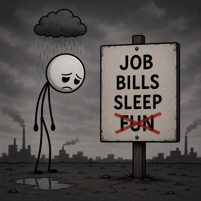 A melancholy stick figure stands under a dark rain cloud in a bleak industrial landscape, next to a sign listing 'JOB, BILLS, SLEEP, FUN' with 'FUN' crossed out in red.