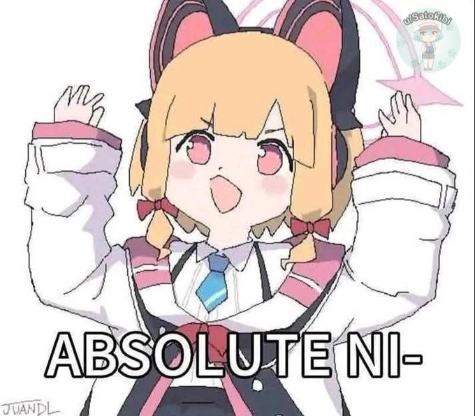 The image features a cartoon girl with blonde hair wearing a white shirt, pink skirt, and black cat ears. She has her arms raised up in the air, giving off an impression of excitement or joy. The caption below the image reads "Absoluteni ni-", which translates to "I don't care" in English. This phrase is often used as a humorous response to someone's question or comment.