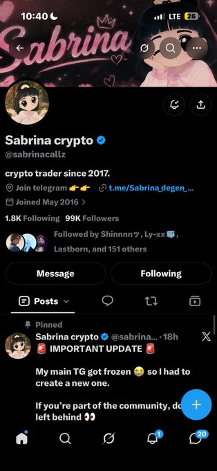 A Twitter/X profile for 'Sabrina crypto' (@sabrinacallz), a verified crypto trader since 2017 with 1.8K following and 99K followers. A pinned post announces that the user's main Telegram group got frozen and provides a new link to join.