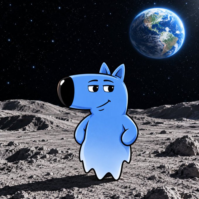 A digital illustration of a blue cartoon dog-like creature standing on a gray lunar surface, with Earth visible in the starry sky above.