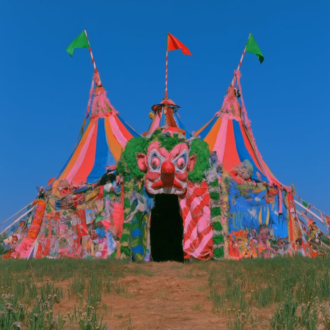 A brightly colored, festive circus tent with a large, clown-like face entrance stands on a grassy hill under a clear blue sky, adorned with flags and candy cane decorations.