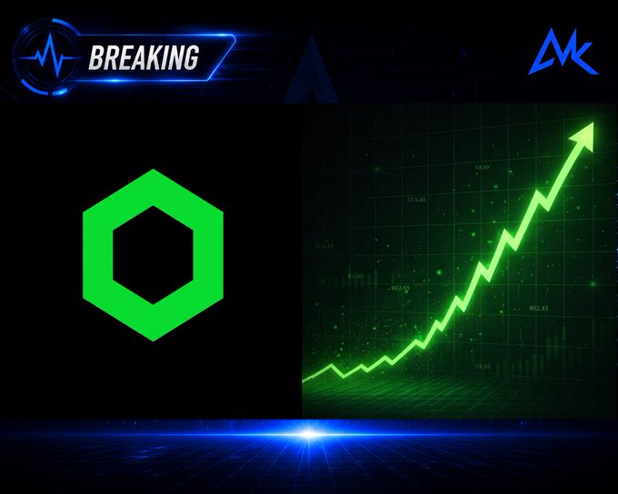 A "BREAKING" news graphic featuring a green hexagonal logo and a green upward-trending chart, suggesting a cryptocurrency price surge.