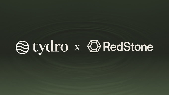The image features a partnership logo graphic with "tydro x RedStone" displayed in white text against a dark green, rippling water background, where the "t" in Tydro is stylized as a wave icon. The graphic visually represents the collaboration announced in the post, highlighting RedStone's integration as a core oracle partner providing fallback price feeds and pricing infrastructure for Tydro v2.