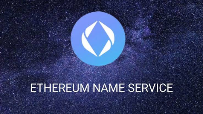 A blue circular logo with a white geometric diamond design is displayed against a starry night sky, with the text 'ETHEREUM NAME SERVICE' below it.