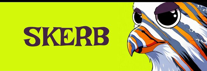 A vibrant lime-green banner features the text "SKERB" in bold purple lettering alongside a cartoonish bird with orange, purple, and white plumage, serving as a promotional graphic for the @hoodskerb giveaway requiring followers, likes, retweets, and EVM submissions within a 10-hour window.