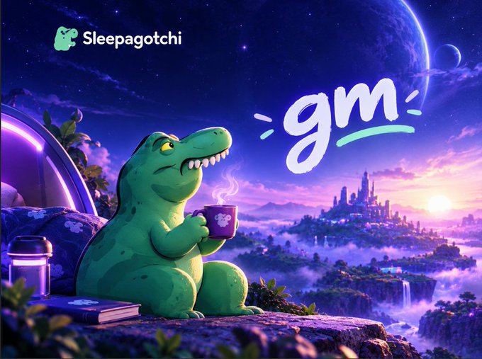 A promotional graphic for 'Sleepagotchi' features a friendly green dinosaur holding a steaming mug with the words 'gm' floating against a cosmic landscape.