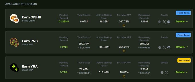 A cryptocurrency staking interface displays 'AVAILABLE PROGRAMS' with three options: 'Earn OISHI!', 'Earn PNS', and 'Earn YRA', showing various APR percentages and staked amounts.