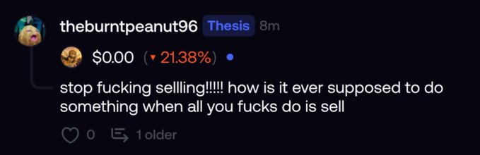 A frustrated Discord post from user "theburntpeanut96" tagged "Thesis" shows a $0.00 value with a red downward arrow indicating a 21.38% drop, accompanied by the rant "stop fucking selling!!!!! how is it ever supposed to do something when all you fucks do is sell"—with the image visually representing the user's dismay over a token's significant decline to zero.
