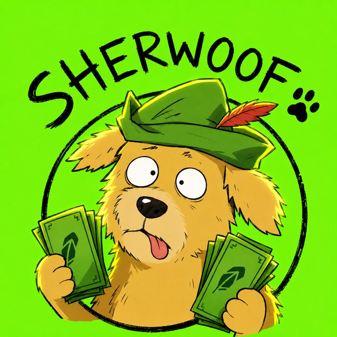 Cartoon illustration with green background featuring a fluffy dog wearing a green Robin Hood-style hat with a red feather, holding green dollar bills under the text 'SHERWOOD'.