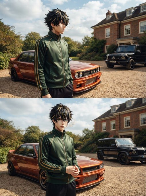 A split image of a 3D-rendered anime-style young man in a green track jacket standing near an orange sports car and a black SUV in front of a mansion.