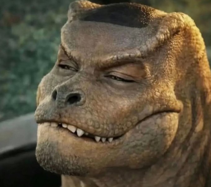 A close-up of a CGI dinosaur resembling a Tyrannosaurus rex with a dejected, half-lidded expression and a subtle smile, set against a blurred outdoor background. The weary, resigned look on its face visually mirrors the disappointing tone of a farming journey ending abruptly with a shutdown announcement.