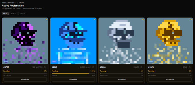 A digital interface titled 'Active Reclamation' shows four pixel-art character NFT fragments (Void Matter, Cyber Alloy, Silver, and Gold) being accelerated, with the Cyber Alloy frame at 86% forming progress.