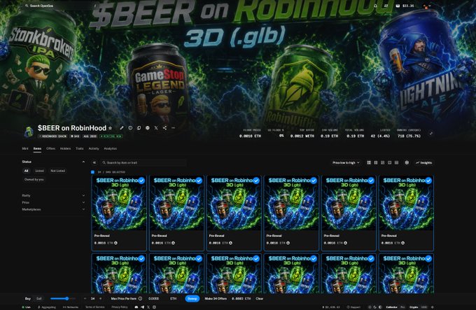 A screenshot of the OpenSea NFT marketplace displaying the "$BEER on Robinhood 3D (.glb)" collection by AlexIsomish3, with a banner showing various themed beer cans including "StonkBroker IPA," "GameStop Legend Lager," and "Lightning Ale." The interface shows multiple NFT listings priced at 0.08 ETH each, aligning with the post's mention that approximately 50 NFTs remain at that price point to "triple the FP" (floor price).