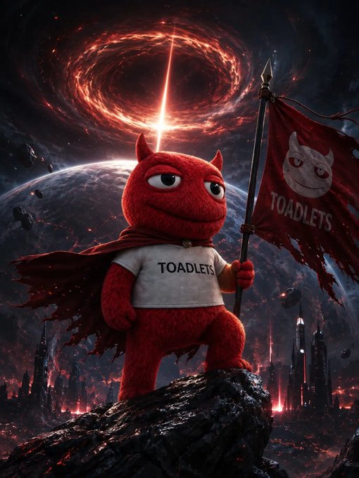 A 3D-rendered red devil-like character wearing a 'TOADLETS' shirt and cape, holding a matching flag, standing on a rock against a dramatic cosmic background with a black hole and futuristic city.