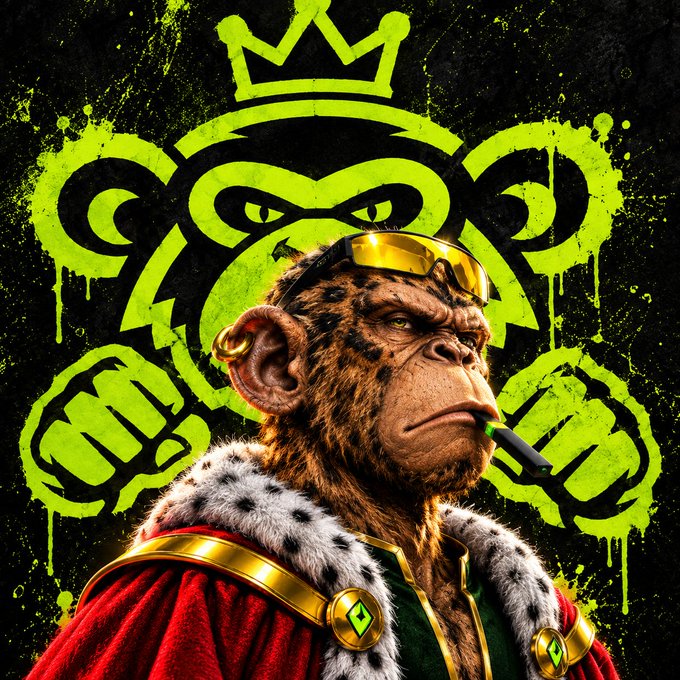 A stylized illustration of a chimpanzee wearing golden sunglasses, a gold earring, and a red royal robe with gold accents, smoking a cigar against a green graffiti-style monkey logo background.