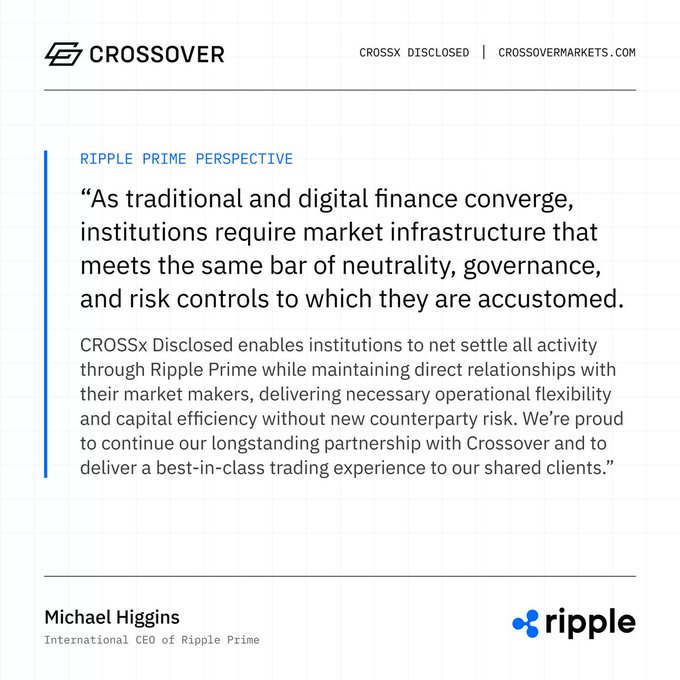 The image shows a summary of Michael Higgins' perspective on cryptocurrency trading. The main text below the photo reads, "Ripple Disclosed enables institutions to net settle activity while maintaining direct relationships with market makers that deliver necessary operational flexibility without new counterparty risk". This statement suggests that Ripple is a cryptocurrency designed for institutions and offers them benefits in terms of efficiency and stability when dealing with traditional financial systems. The image seems to be the header or sidebar, giving the viewer an idea of what the post is about before going into detail.