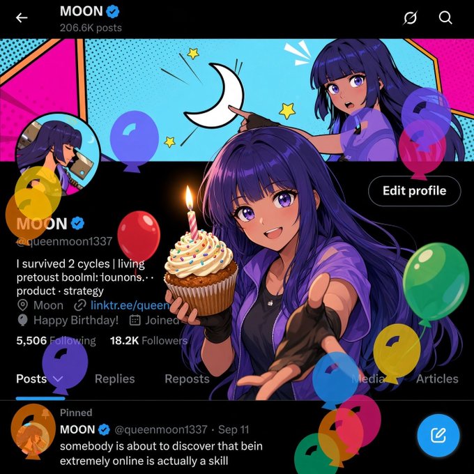 An X (Twitter) profile page for 'MOON' (@queenmoon1337) featuring anime-style artwork with a birthday cupcake and balloons, showing 18.2K followers.
