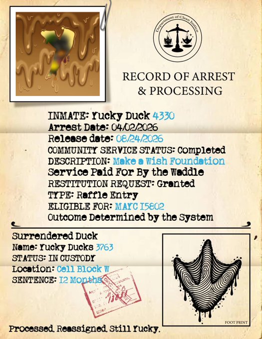 A fictional 'Record of Arrest & Processing' document from the 'Department of Clout Justice' for inmate 'Yucky Duck 4330', showing an arrest date of 04/02/2026 and release date of 08/24/2026, with a description noting 'Make a Wish Foundation' as community service.