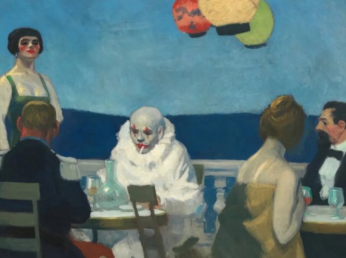 A painting depicting a tense dinner scene with several figures, including a clown in the center and a waitress standing, rendered in a style reminiscent of Edward Hopper.