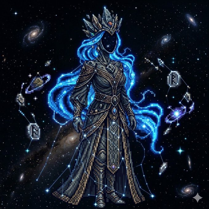 A cosmic, pixel-art figure with flowing blue energy hair and a starry crown stands amid galaxies, surrounded by floating silver crypto coin icons connected by constellation-like lines, symbolizing the poster's diamond-handed conviction in the $NamelessCTO token.