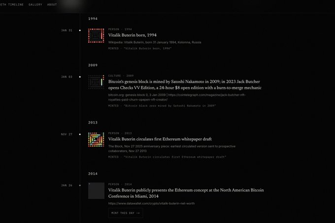 A dark-themed timeline webpage about Vitalik Buterin showing entries: '1994 Vitalik Buterin born, 1994', '2009 Bitcoin's genesis block is mined by Satoshi Nakamoto in 2009', '2013 Vitalik Buterin circulates first Ethereum whitepaper draft', and '2014 Vitalik Buterin publicly presents the Ethereum concept at the North American Bitcoin Conference in Miami, 2014'.