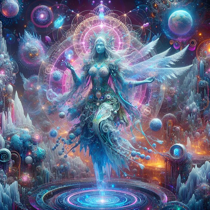 A vibrant, psychedelic digital artwork of a blue, winged celestial figure surrounded by glowing orbs, cosmic patterns, and crystalline structures in a colorful nebula setting.