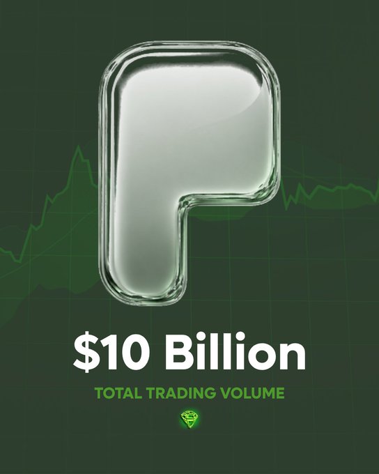 The image features a stylized 3D green "P" logo on a dark green background with a subtle line graph, promoting "$10 Billion" in "Total Trading Volume" for the Pons memecoin on the Robinhood Chain, as referenced in the accompanying post.
