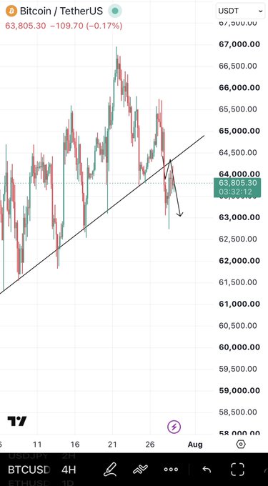 A Bitcoin/TetherUS (BTCUSDT) 4-hour candlestick chart shows price breaking below an upward-trending support line, trading at $63,805.30 after a 0.17% decline. The bearish breakdown visualizes the post's claim that BTC broke its key trendline, reinforcing the trader's heavily bearish stance and short positions opened near $65.3k.