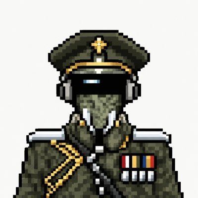 A pixel art illustration portrays a reptilian character dressed in a green military uniform with gold accents, medals, and a peaked cap featuring a star emblem.