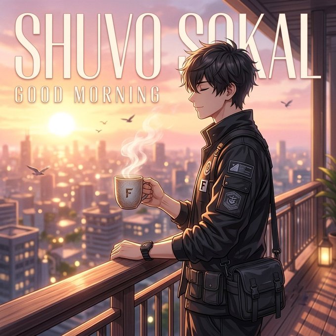 The image features a man standing on a balcony with his arms outstretched towards the city skyline below him. He's holding a cup of coffee and appears to be enjoying the view or taking a break from work. The caption for the image reads "Good Morning Shuvo Sokual".