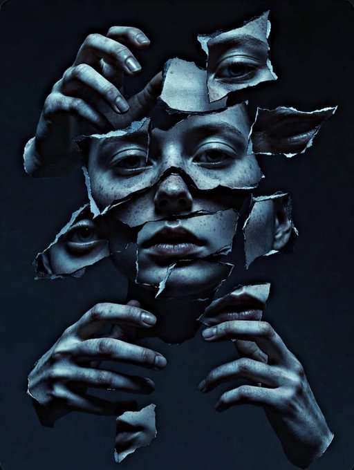 A surreal dark digital artwork showing a fragmented human face with multiple eyes emerging from torn paper-like pieces, with hands reaching from below.