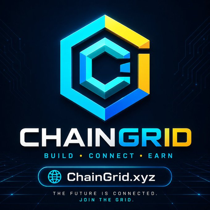 A sleek promotional graphic for ChainGrid features a glowing cyan and yellow hexagonal logo above the text "CHAINGRID – BUILD • CONNECT • EARN" and the website "ChainGrid.xyz," with the tagline "THE FUTURE IS CONNECTED. JOIN THE GRID," visually reinforcing the post's call to mine GridCoin through the faster, smoother ChainGrid app.