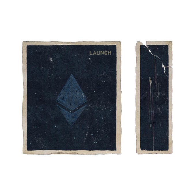 A worn matchbook with a black cover featuring the blue Ethereum logo and the word "LAUNCH" in the upper right corner, alongside its torn inner flap.