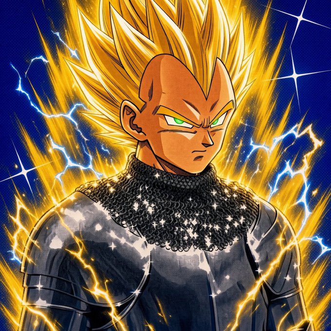 Anime illustration of a Super Saiyan character with spiky blonde hair, glowing green eyes, and a golden energy aura with blue lightning, wearing silver armor with a chainmail collar.