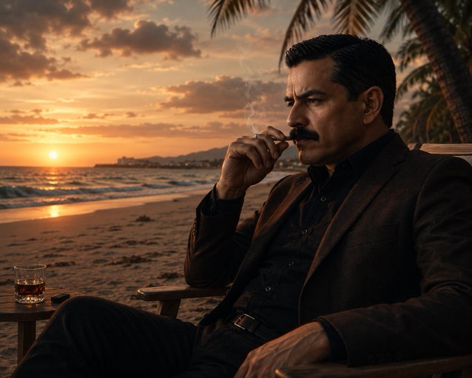 The image features a man sitting at a beach chair holding an object that appears to be a cigar or pipe. The setting includes palm trees and a beautiful sunset over the ocean. There are also other objects present in the scene, such as a cup on the ground near the man's feet and another person standing further back from him.