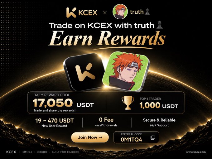 A promotional advertisement for KCEX trading platform featuring an anime character, offering a daily reward pool of 17,050 USDT and a top trader reward of 1,000 USDT, with referral code 0M1TQ4.