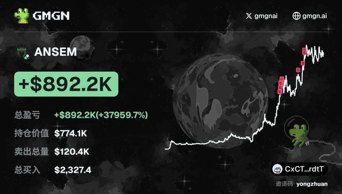 The image is a screenshot from GMGN.ai showing a trading portfolio for the token "$ANSEM" with a total profit of +$892.2K (a +37959.7% gain), a holding value of $774.1K, total sell volume of $120.4K, and total buy volume of $2,327.4, featuring an upward-trending price chart. It illustrates the post's claim of a SOL wallet that turned roughly $17,000 (~$2,350 in purchases) into millions through aggressive trading of the $ANSEM token.