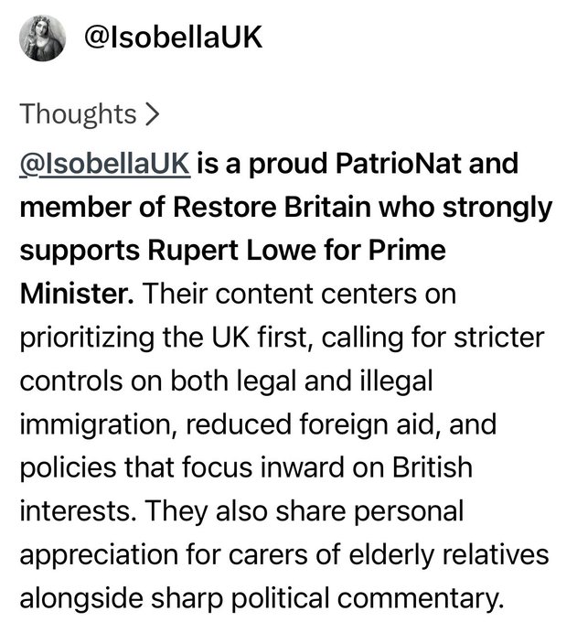 A screenshot of a Twitter/X post from @IsobellaUK describing herself as a proud PatrioNat and member of Restore Britain supporting Rupert Lowe, focusing on UK-first policies and strict immigration controls.