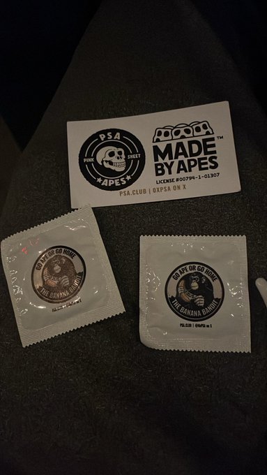 Three PSA-style stickers are displayed: one for 'PSA APES' skull logo and two for 'COAPE OR GO HOME THE BANANA BARONS' banana logos.