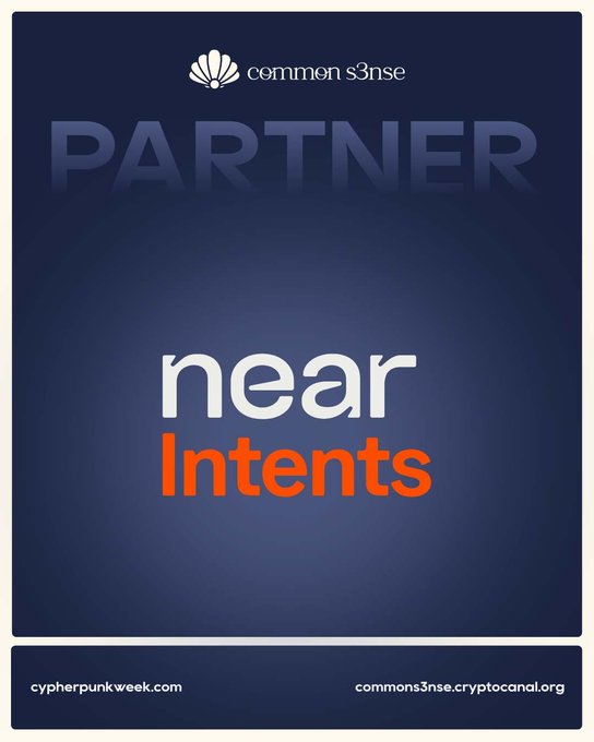 Partnership announcement graphic on a dark blue background announcing 'common sense PARTNER near Intents' with URLs cypherpunkweek.com and commons3nse.cryptocanal.org.