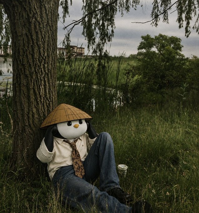 A whimsical photograph of a penguin mascot character wearing a conical hat, white shirt, and tie, sitting against a tree in a grassy field holding a coffee cup.