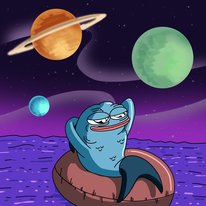A cartoon fish lounges in a beach chair on an alien planet with purple waters and three colorful planets in the starry sky above. The image complements the "GOOD MORNING $SUI" post by evoking a relaxed, chill vibe fitting for a cryptocurrency market greeting.