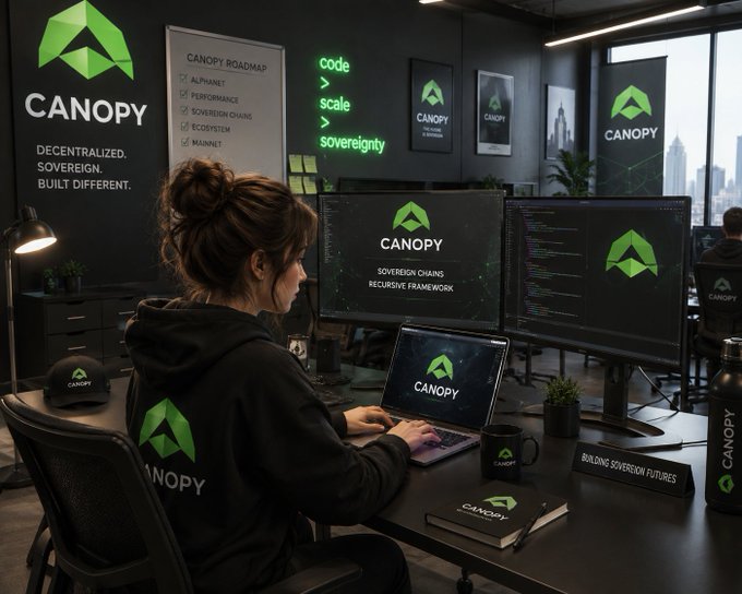A developer in a branded "CANOPY" hoodie works at a multi-monitor setup displaying "CANOPY - Sovereign Chains Recursive Framework," with the company's "Decentralized. Sovereign. Built Different." tagline and "Canopy Roadmap" (Alphanet, Performance, Sovereign Chains, Ecosystem, Mainnet) visible on the office walls.

The image reflects the post's theme of focused, iterative product-building by showing a developer working in a dedicated Canopy workspace surrounded by the project's technical milestones, visually reinforcing the team's commitment to steadily constructing their sovereign blockchain vision rather than chasing hype.