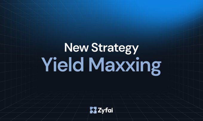The image features a banner with white text that reads "New Strategy Yield Maxxing". The banner also includes a link to a website called " Zyfai" which is likely related to the content of the image, possibly providing more information about yield maximization strategies or other financial services.